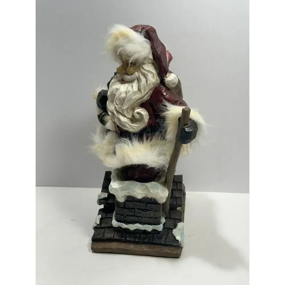 Vintage Wood Carved Art Santa Claus Entering Chimney With Sack Of‎ Toys Figure